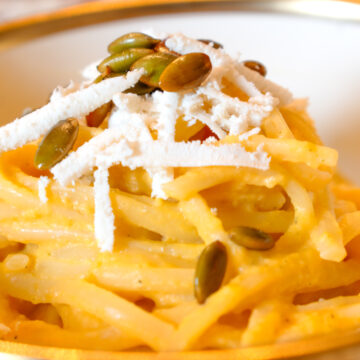 Creamy Brown Butter Butternut Squash Linguine recipe with Ricotta Salata and pumpkin seed garnish