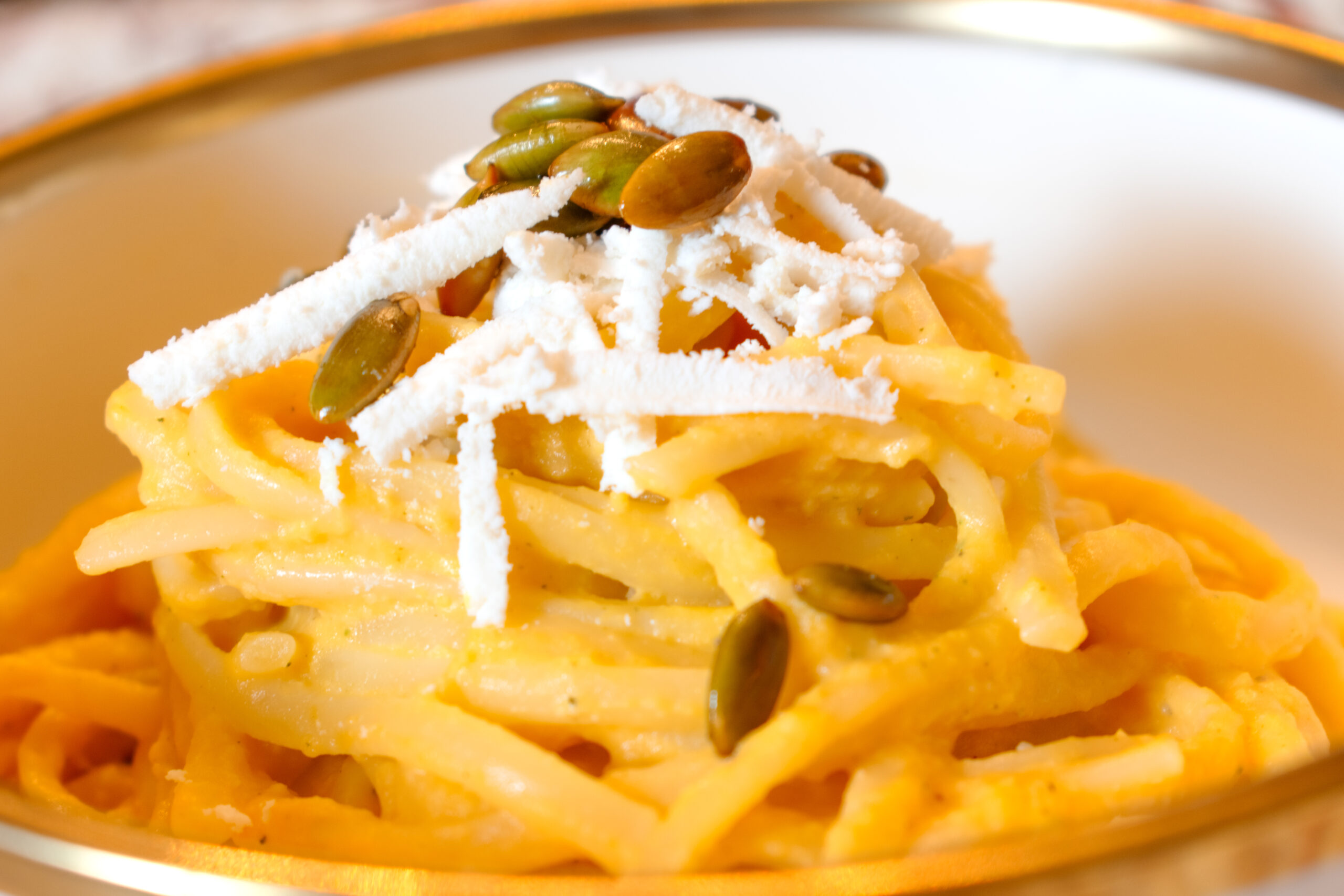 Creamy Brown Butter Butternut Squash Linguine recipe with Ricotta Salata and pumpkin seed garnish