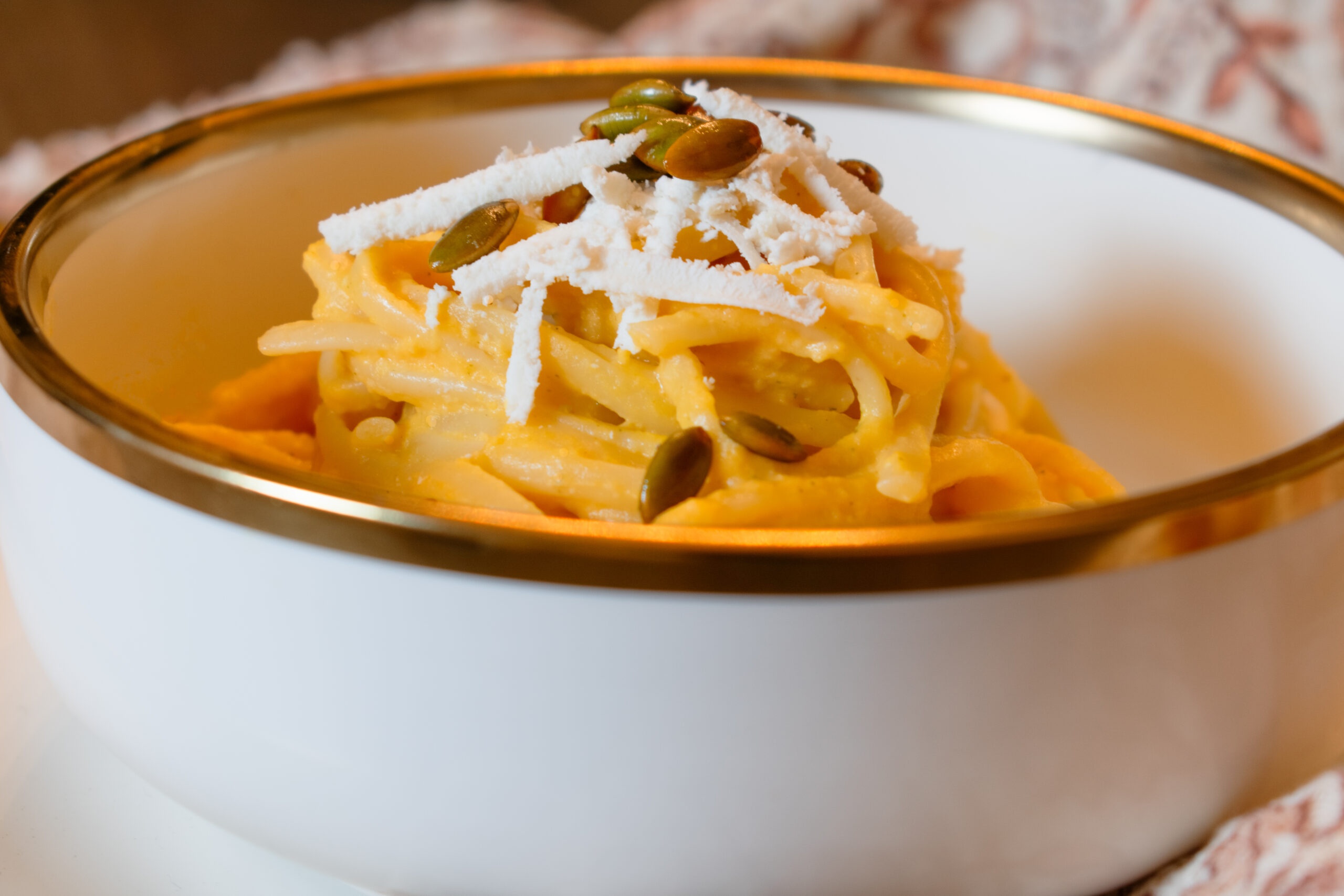 Creamy Brown Butter Butternut Squash Linguine recipe with Ricotta Salata and pumpkin seed garnish