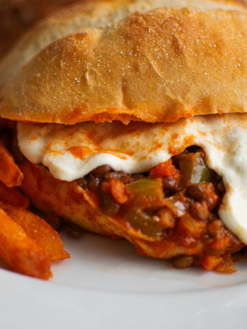 meatless lentil sloppy joe with melted mozzarella cheese sandwich with sweet potato fries