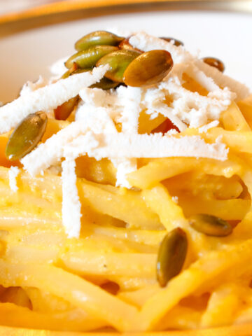 Creamy Brown Butter Butternut Squash Linguine recipe with Ricotta Salata and pumpkin seed garnish