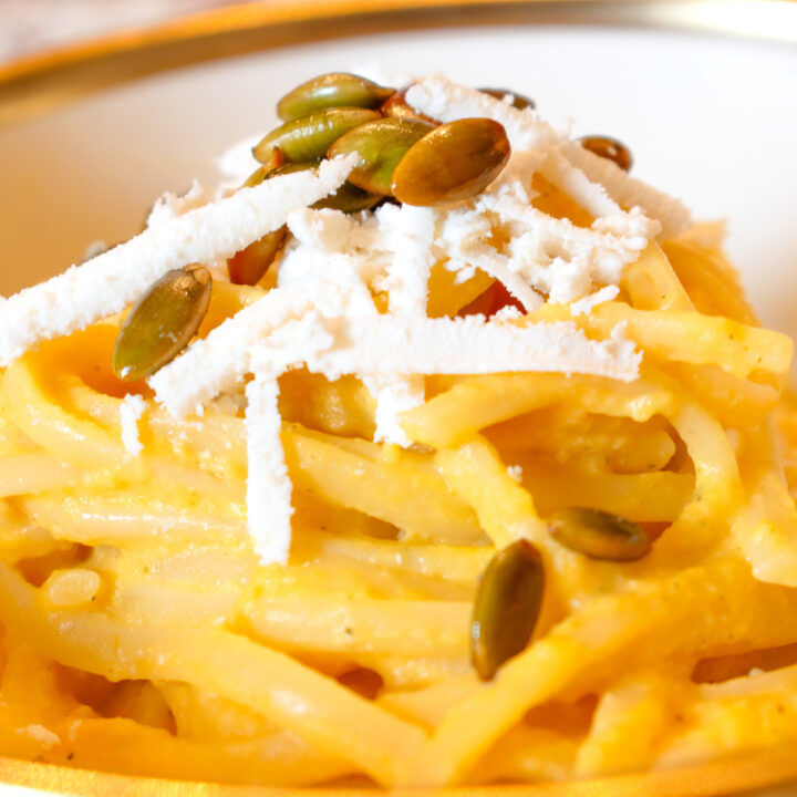 Creamy Brown Butter Butternut Squash Linguine recipe with Ricotta Salata and pumpkin seed garnish