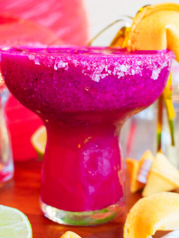 Dragonfruit Margarita with lime salted rim fortune cookies in honor of chinese new year of the dragon