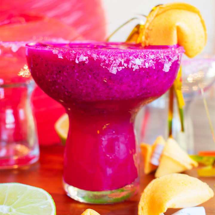 Dragonfruit Margarita with lime salted rim fortune cookies in honor of chinese new year of the dragon