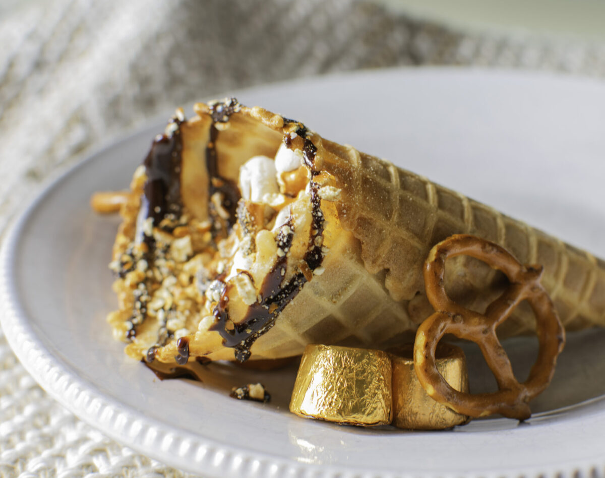 Hershey's Loaded Smores in a Cone. Pretzels, rolo caramels, marshmallows, and crushed graham cracker for campfire in a cone vibes