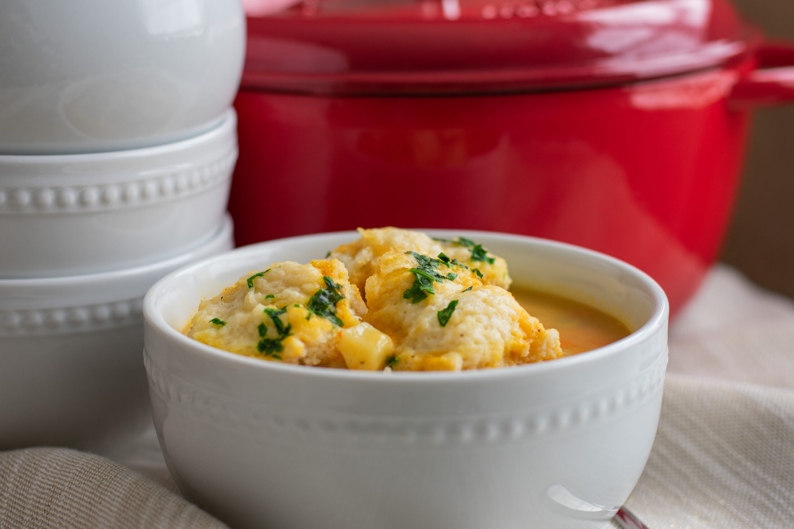 Chickpea Dumpling Soup near dutch oven