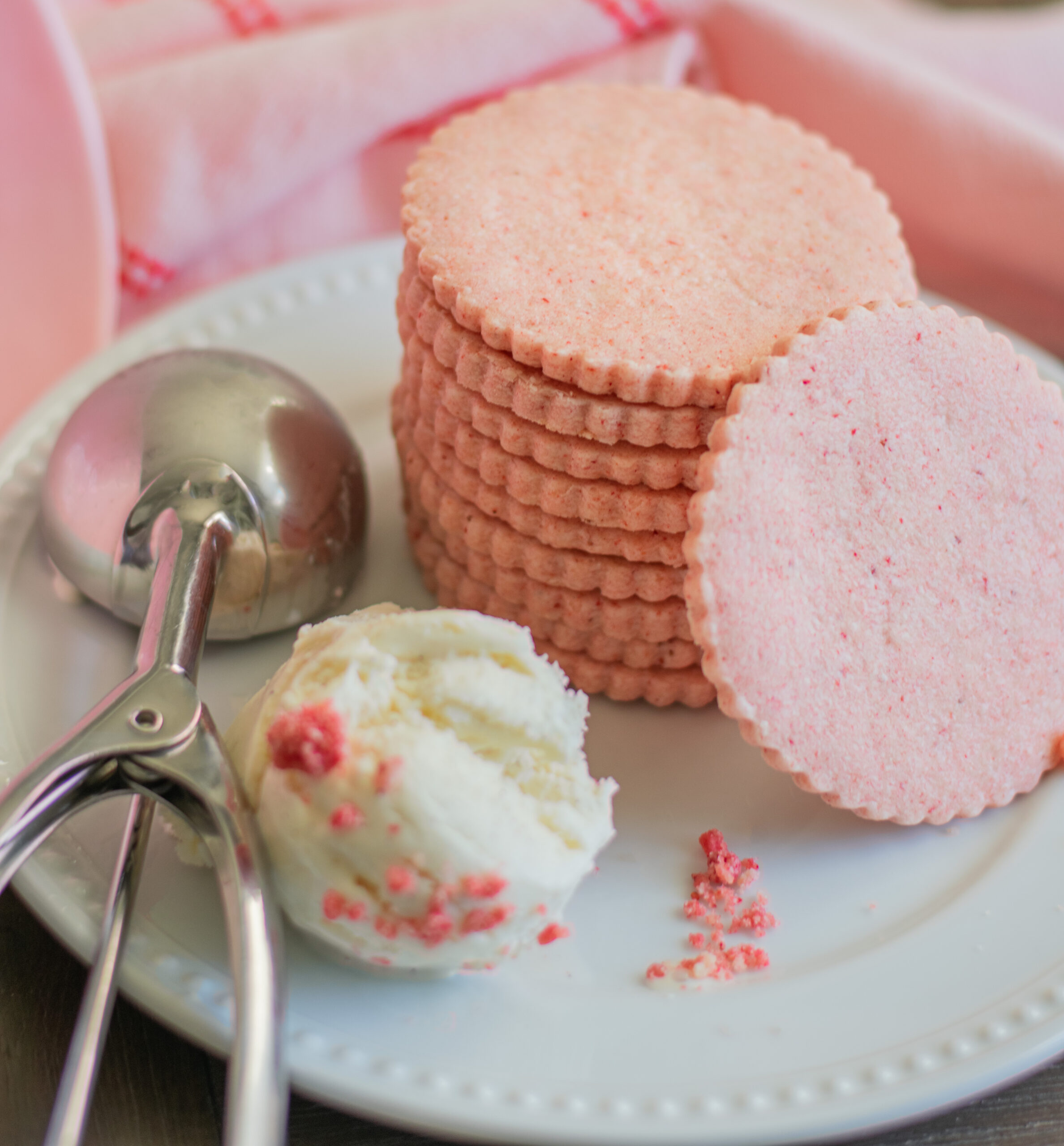 Strawberry Shortcake Ice Cream sandwiches made with Strawberry Shortbread Cookies