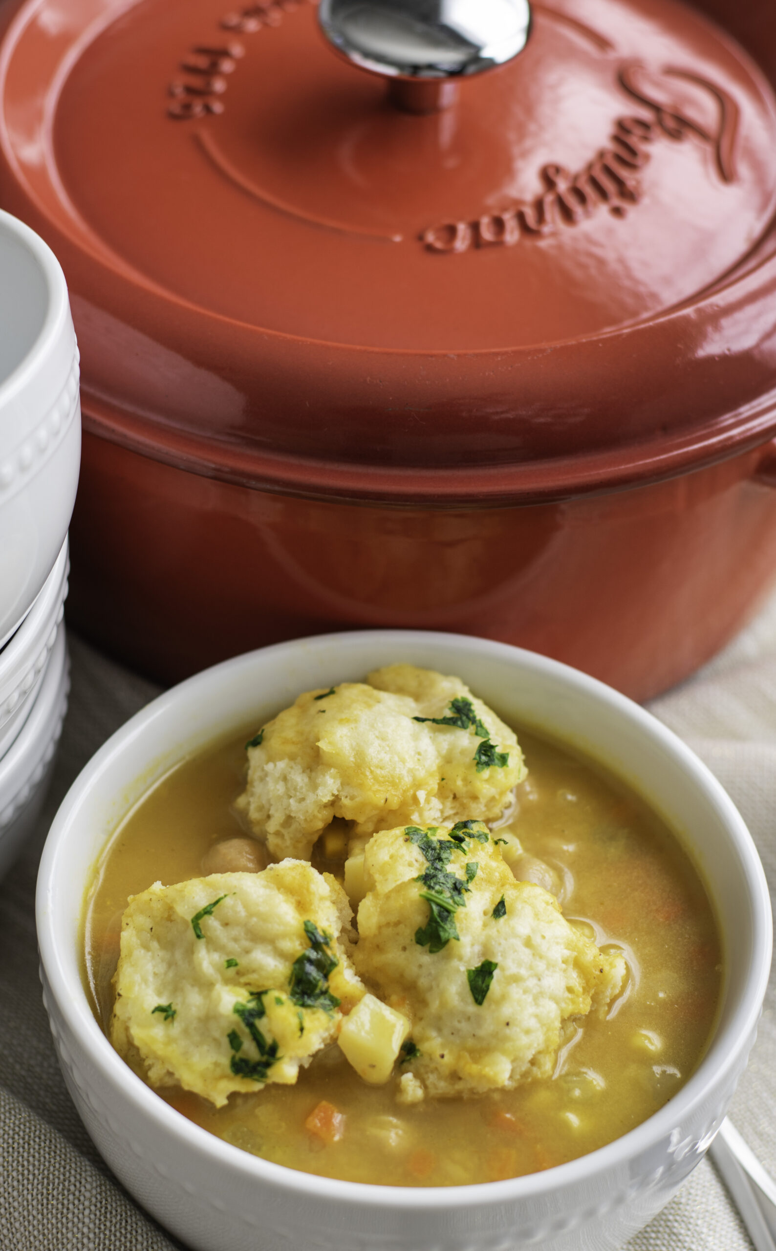 Chickpea Dumpling Soup near dutch oven