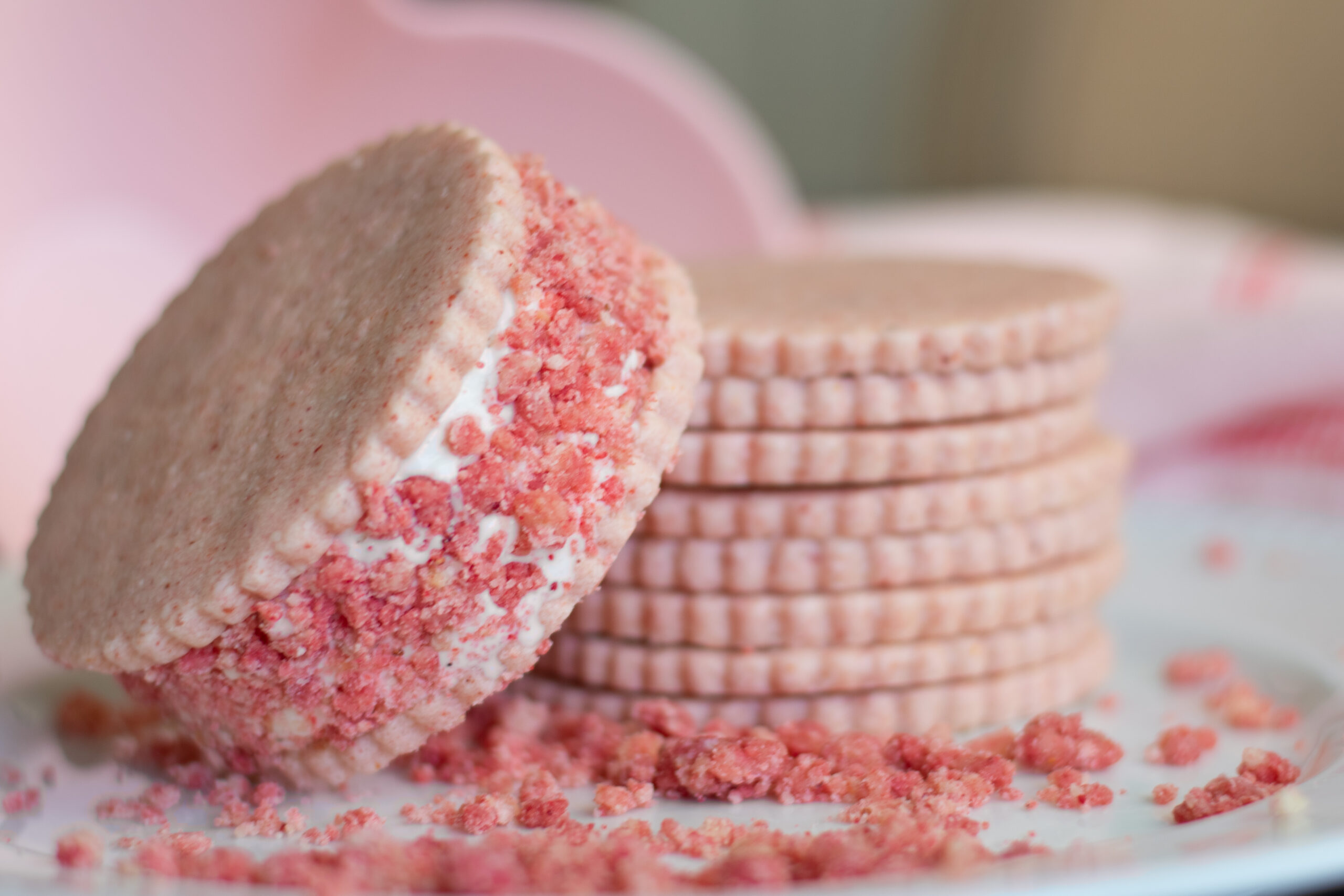 Strawberry Shortcake Ice Cream sandwiches made with Strawberry Shortbread Cookies