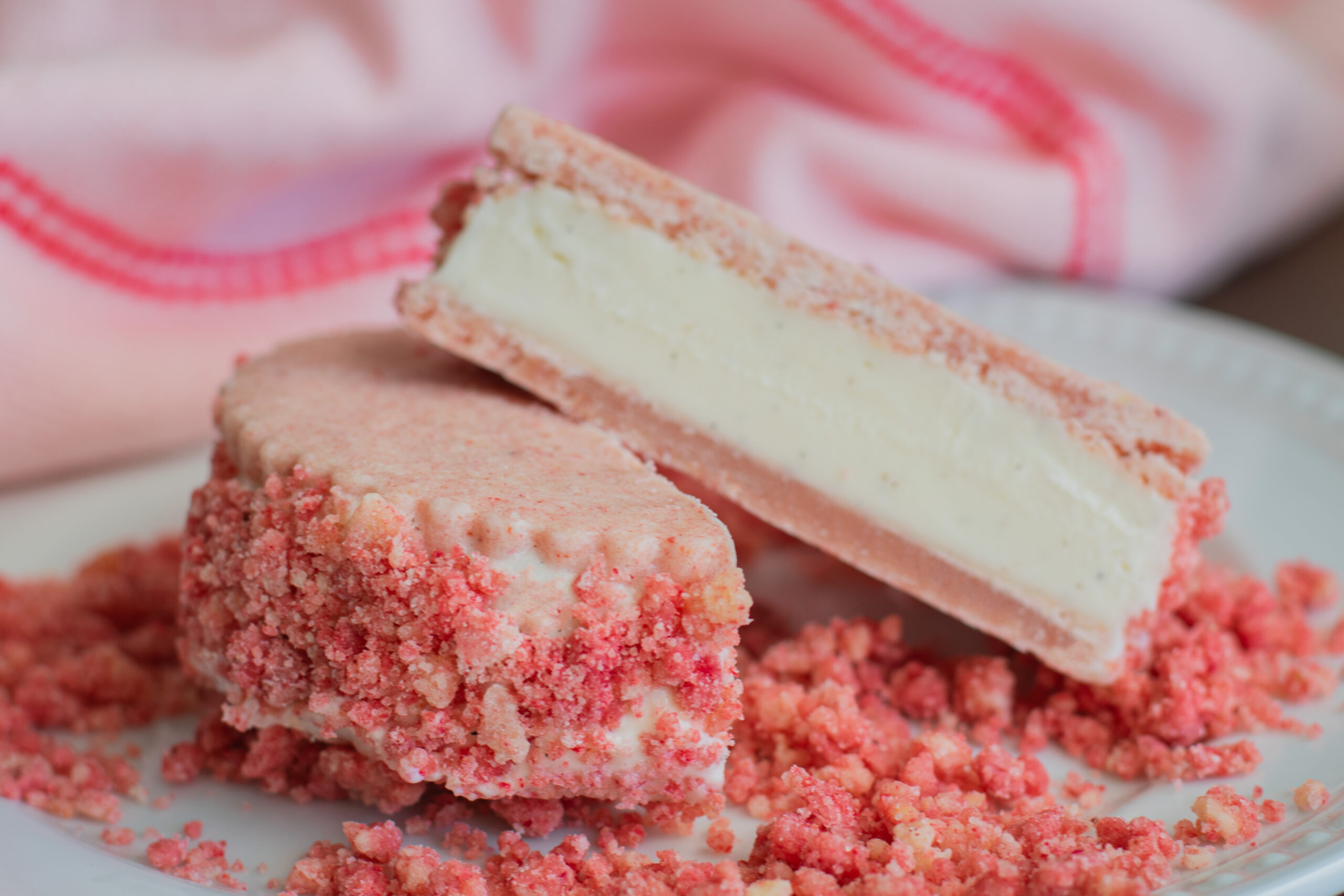 Strawberry Shortcake Ice Cream sandwiches made with Strawberry Shortbread Cookies