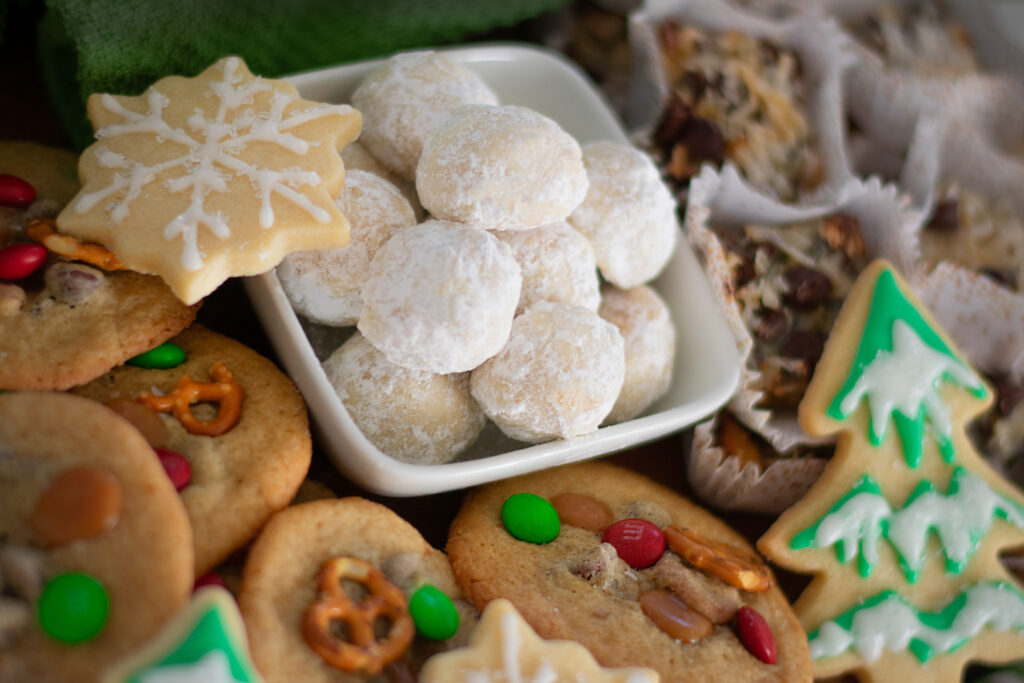 Snowball Cookies, Magic Cookie Bars, and Kitchen Sink Cookies with M&M candies