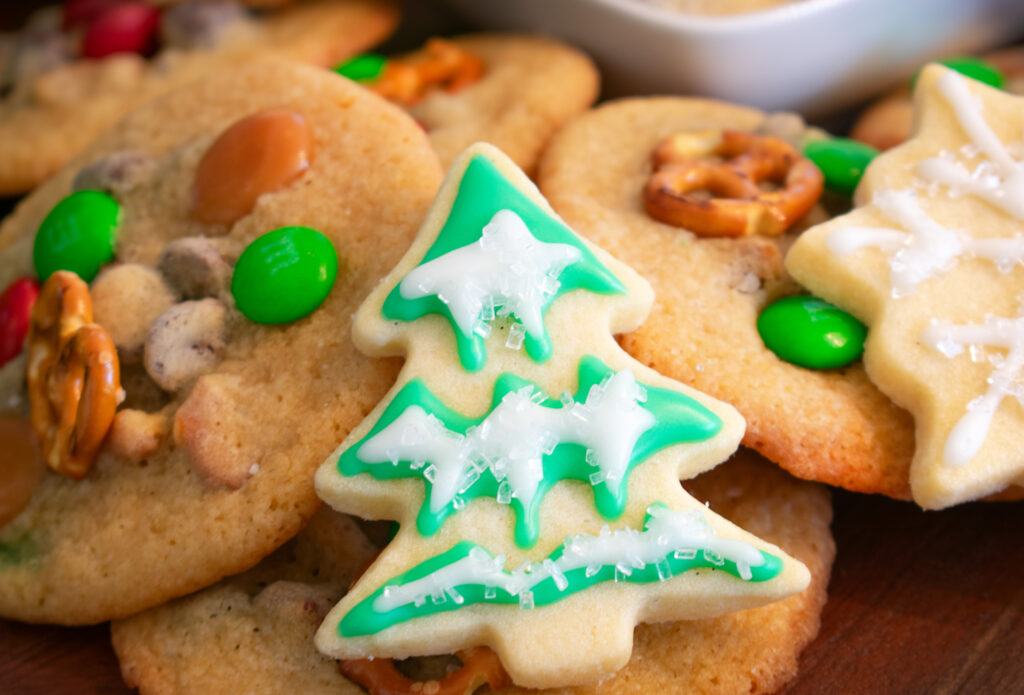 Christmas Tree Sugar Cookie with Icing near Kitchen Sink Cookies with M&M candies