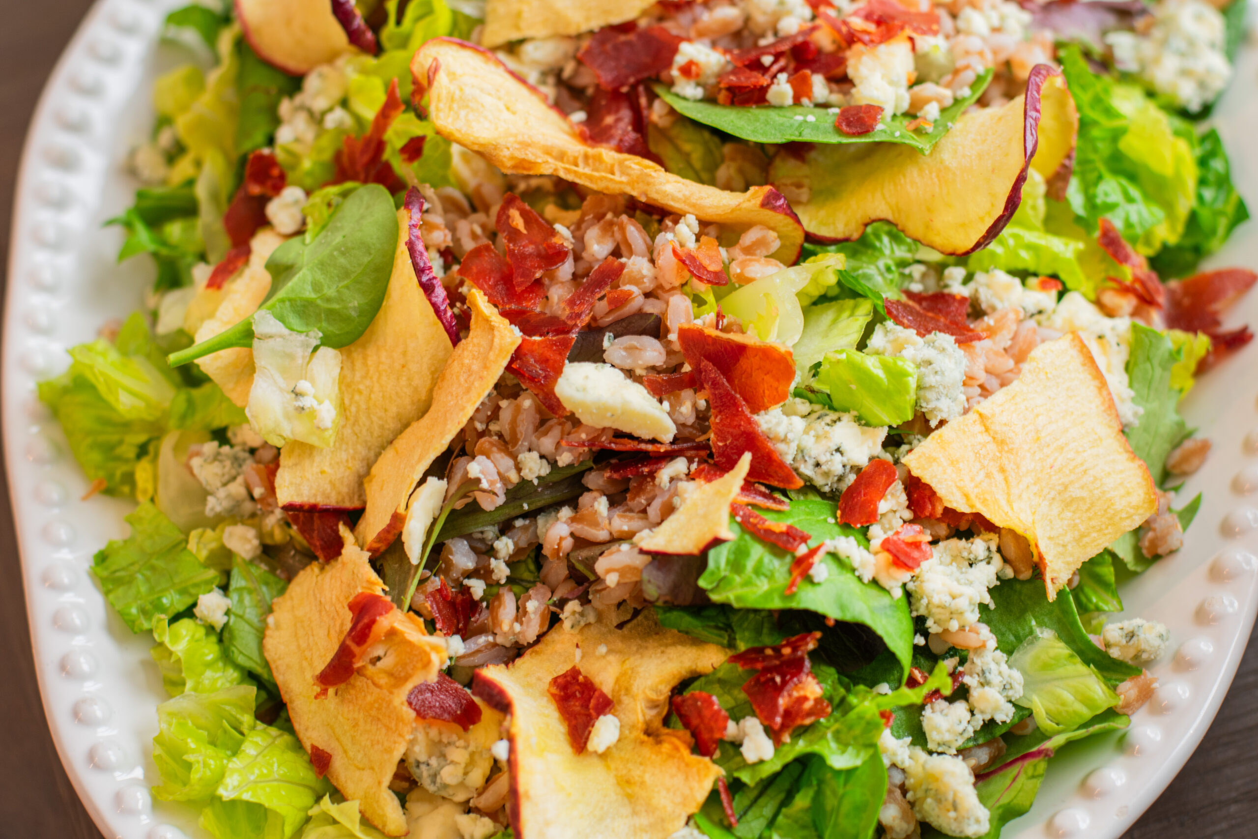 Apple Salad with Farro, Prosciutto, Apple Chips, gorgonzola.