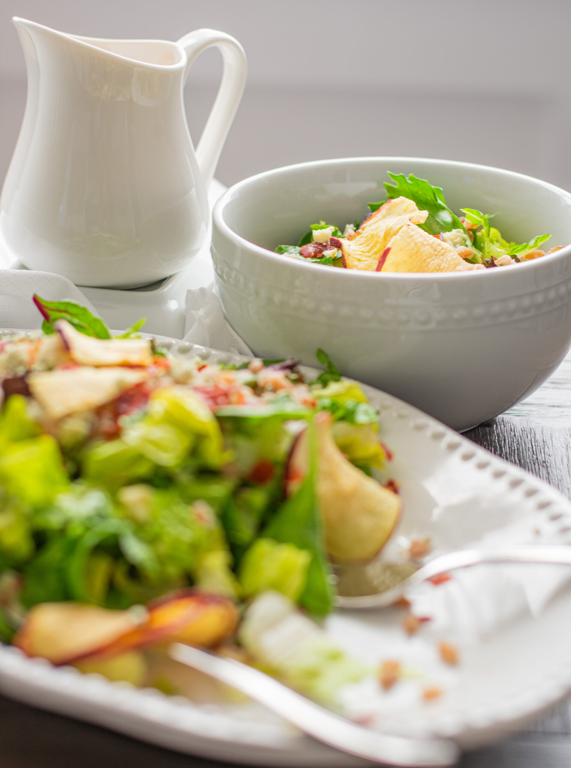 Apple Salad with Farro, Prosciutto, Apple Chips, gorgonzola.