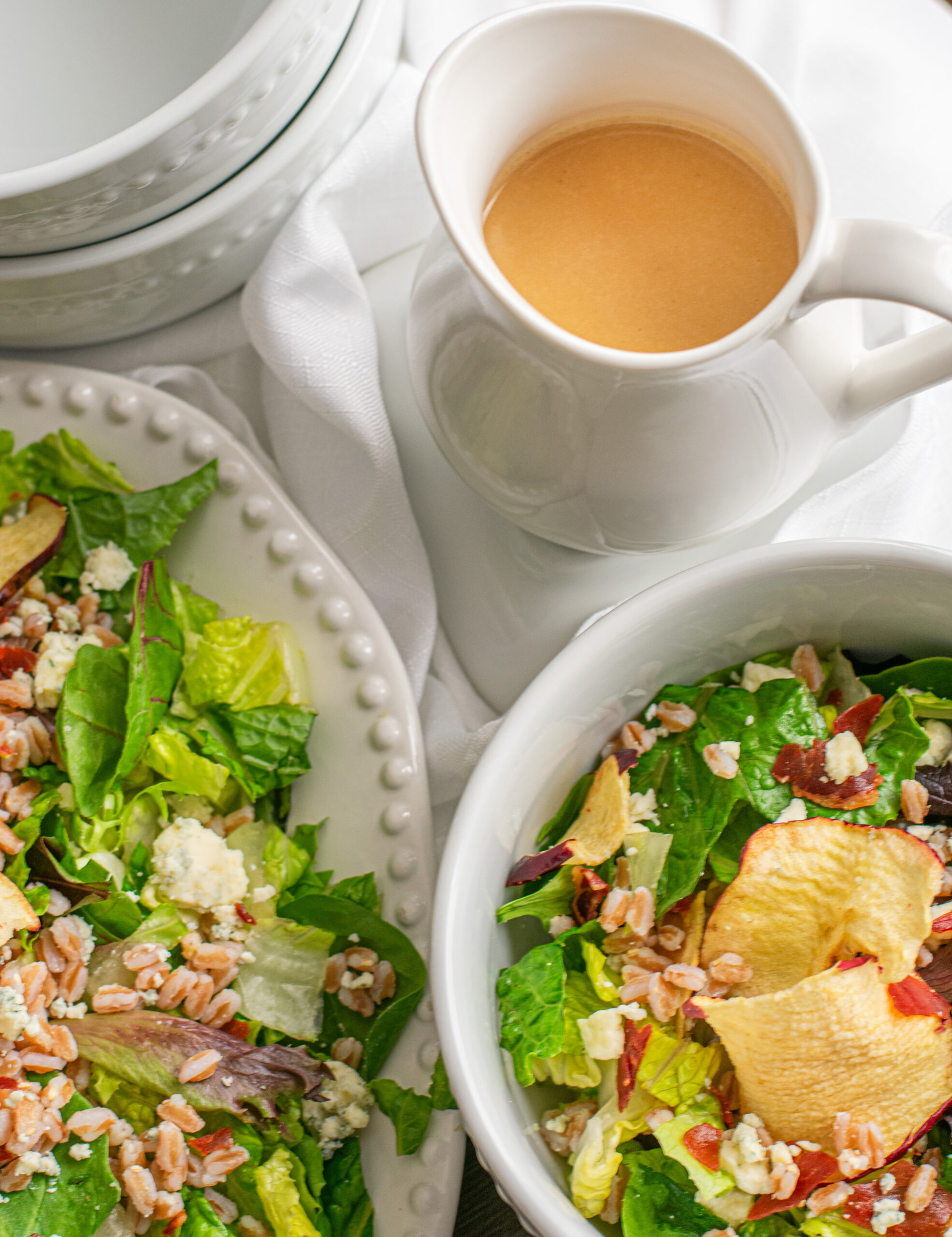 Apple Salad with Farro, Prosciutto, Apple Chips, gorgonzola.