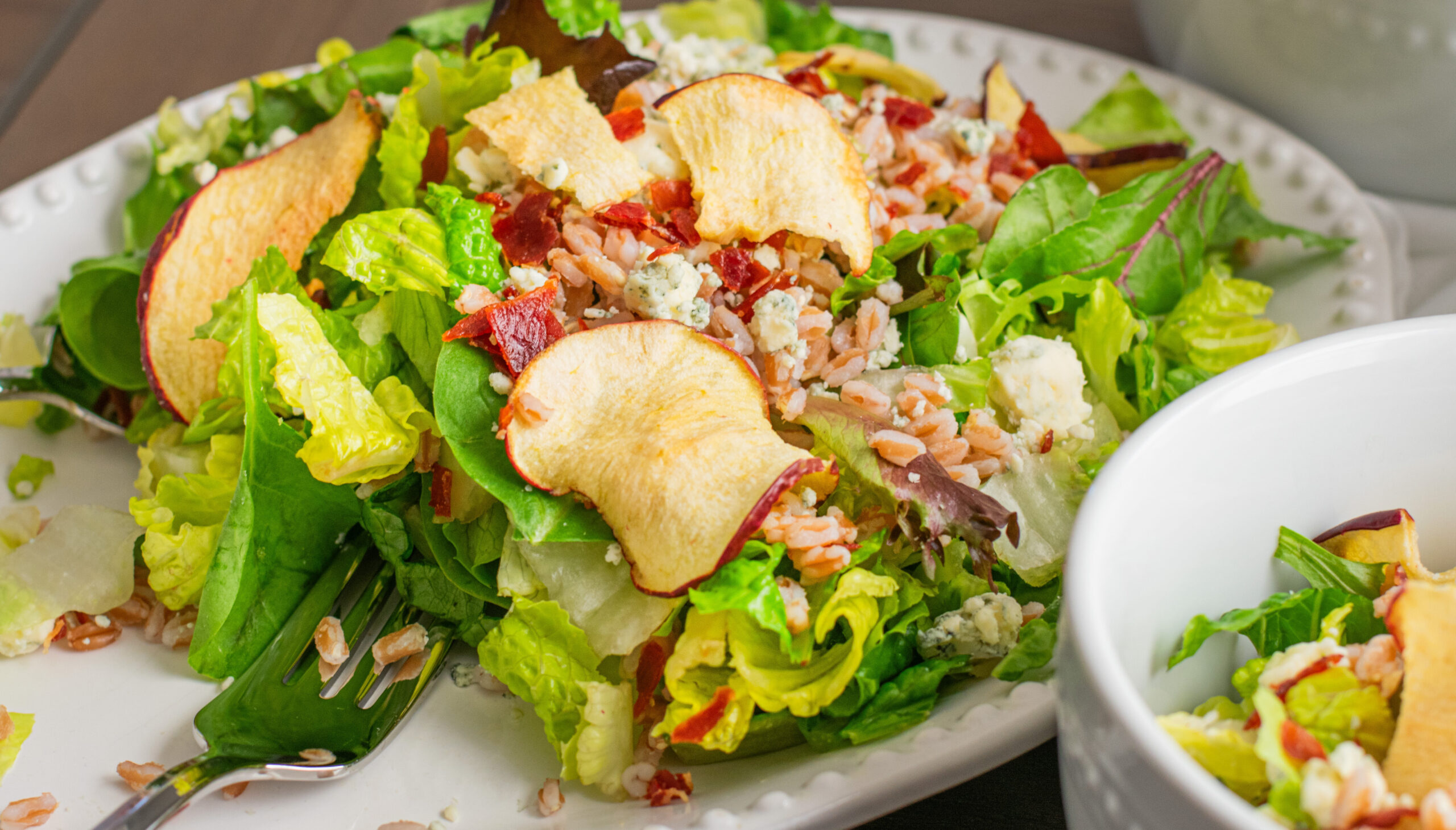 Apple Salad with Farro, Prosciutto, Apple Chips, gorgonzola.