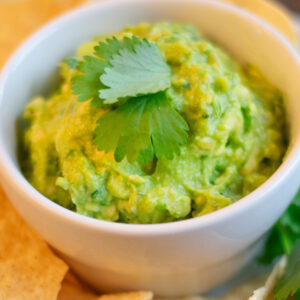 Easy Guacamole with Cilantro Leaf Garnish