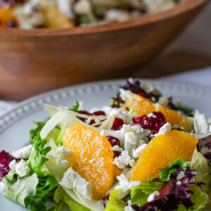 Vibrant citrus fennel salad with pomegranate gems served in a large acacia wood bowl, showcasing fresh, colorful ingredients and a homemade vinaigrette