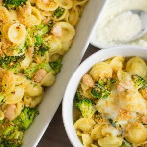 A dish piled high with orecchiette pasta, roasted broccoli, and golden toasted breadcrumbs, showcasing a vibrant and hearty Italian-inspired meal.