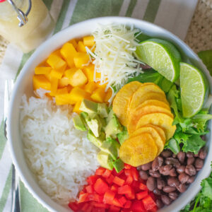 A vibrant Cuban Salad Bowl with avocado, black beans, mango, Manchego cheese, and fresh greens drizzled with lime vinaigrette.