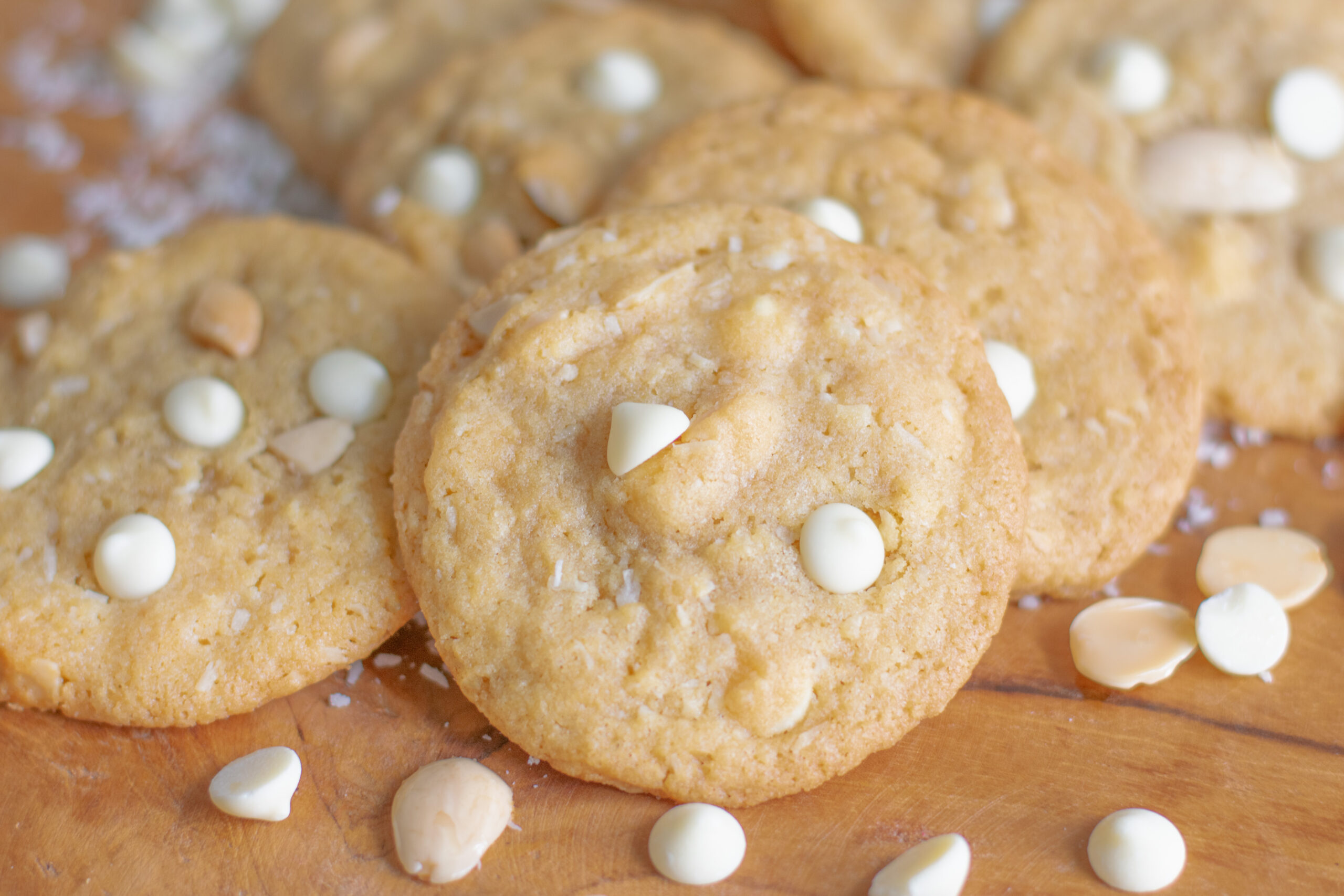 Tropical coconut cookies with shredded coconut, white chocolate, and Marcona almonds.