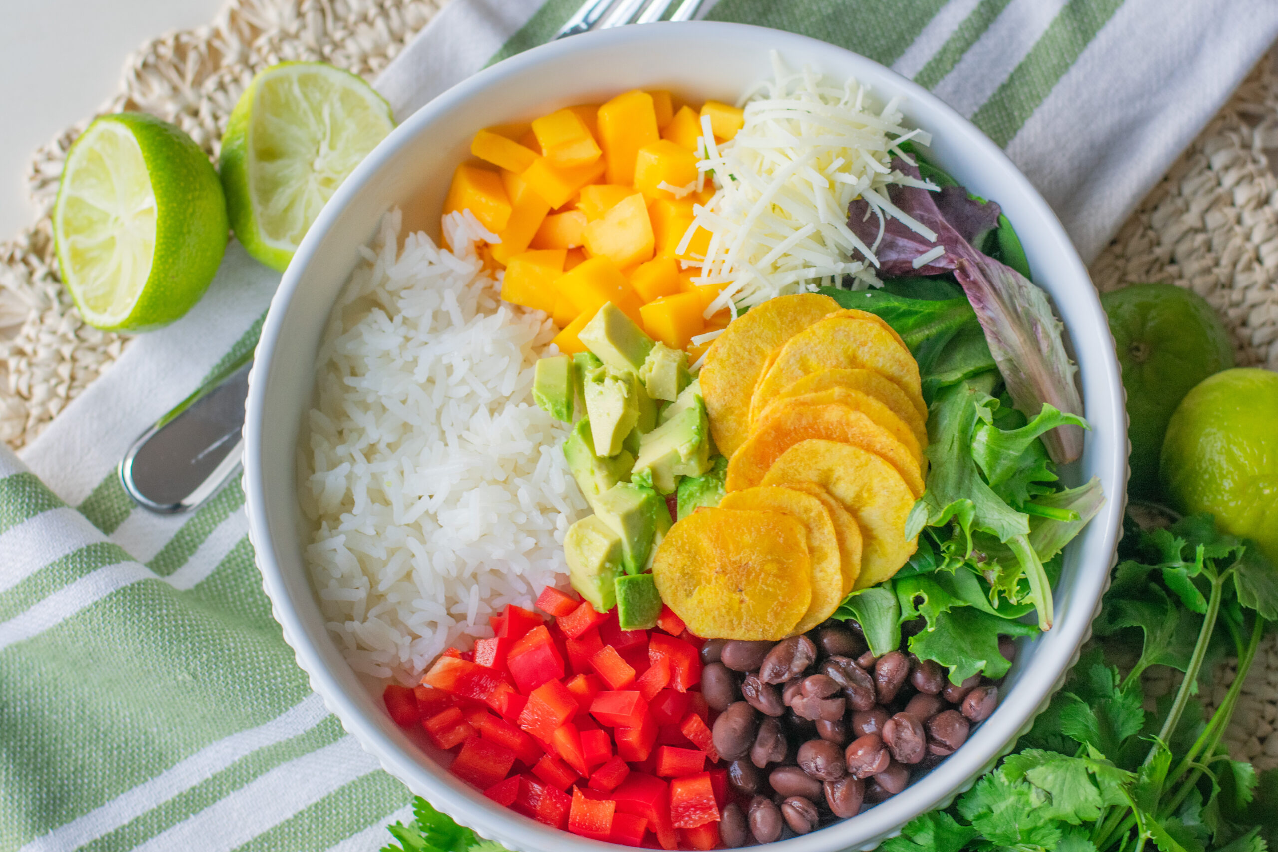 Overhead shot of a Cuban Salad Bowl recipe, showcasing bright ingredients and bold Caribbean-inspired flavors.