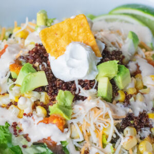 Close-up of Vegetarian Taco Salad with quinoa, avocado, mexican cheese, corn, and creamy dressing