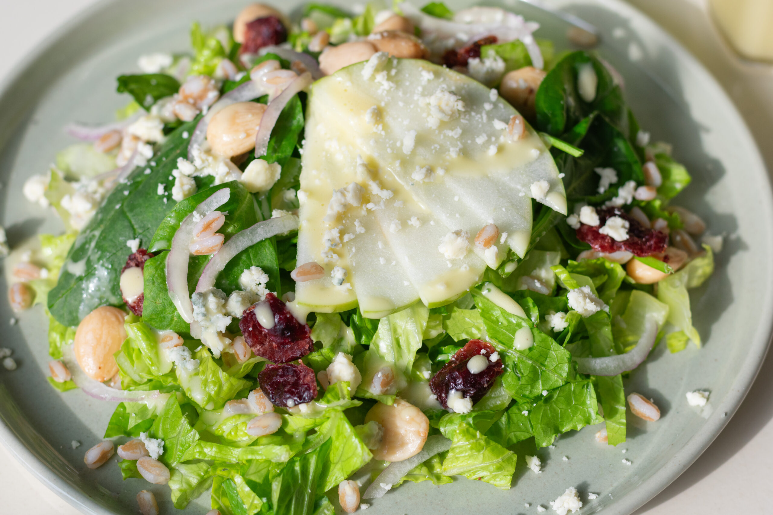 Close-up of green apple farro salad with gorgonzola, cranberries, and marcona almonds drizzled with apple vinaigrette