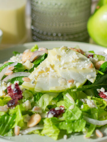Green apple farro salad with gorgonzola, cranberries, and marcona almonds in a light apple vinaigrette, close-up in a serving bowl